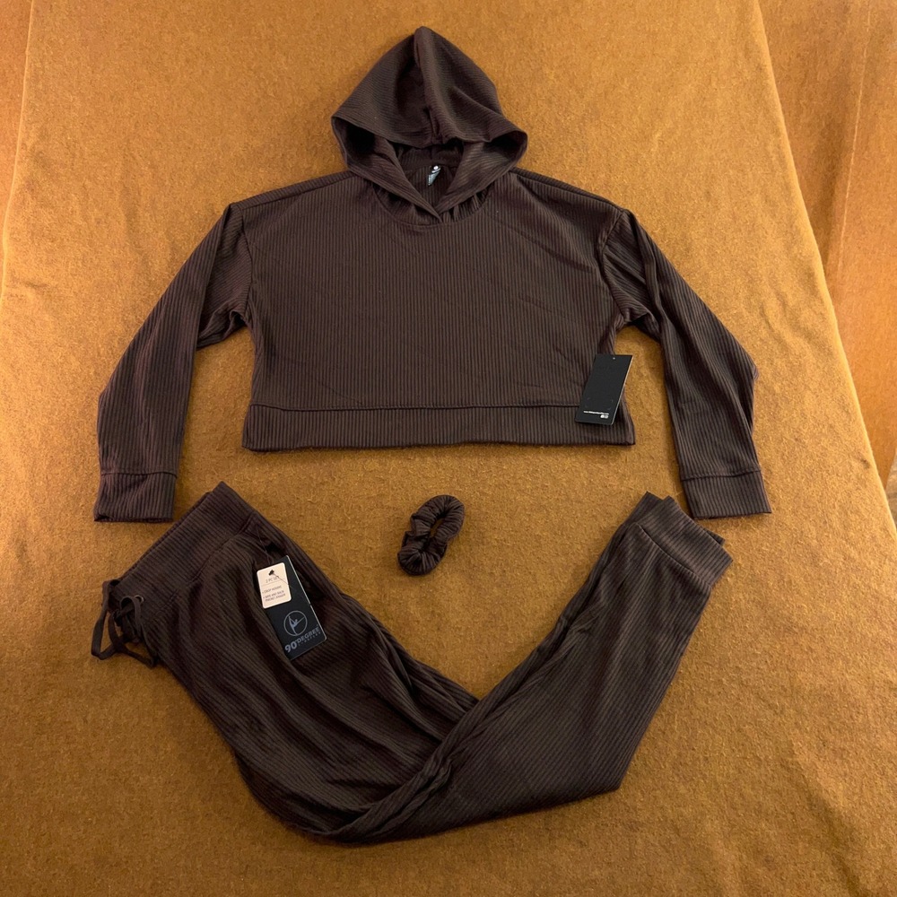 90 Degree Womens Large Brown Ribbed Crop Hoodie & Jogger Set New